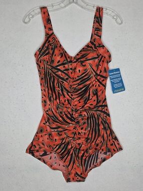 Maxine Of Hollywood NWT Size 14 Minimizer Swimsuit Tummy Control Ruched Retro